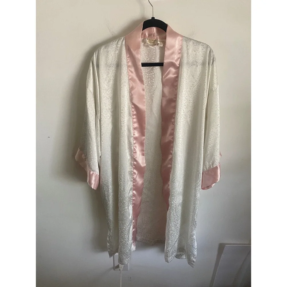 Vintage‎ Victorias Secret Gold Label Kimono Robe White Floral Jacquard Pink OSFA